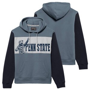 denim blue long sleeve hooded sweatshirt with Nittany Lion Mascot and Penn State